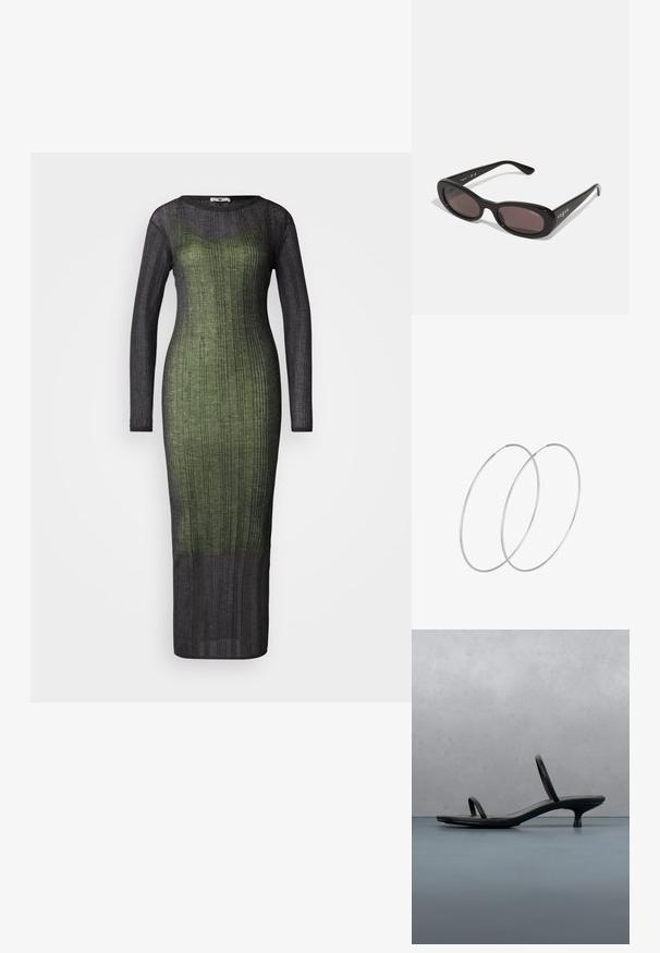 Langärmliges, geripptes Kleid mit einem Farbverlauf von dunkelgrün zu schwarz. Hergestellt aus einem leichten, strukturierten Stoff. Bodenlanger Schnitt.; Schwarze Calvin Klein Sandalette mit dünnen Riemen und Absatz, balanciert auf Holzfliesen im Freien neben einer Wand und Grünpflanzen.; Schwarze Sonnenbrille mit ovalen Rahmen, dunkel getönten Gläsern und "vogue" in Weiß auf den äußeren Bügeln gedruckt. Glattes Plastikmaterial.; Silberne Creolen mit minimalistischem Design. Rundform, glatte Oberfläche und dünnes Profil. Leichtgewichtig mit hochglänzender Oberfläche.