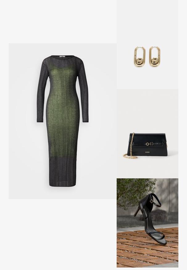 Vestido de manga larga y con relieve, que presenta un degradado de verde oscuro a negro. Está hecho de una tela ligera y texturada. Diseño de largo hasta el suelo.; Sandalia negra de tacón alto con correa en el tobillo, parece suspendida sobre un suelo de baldosas de madera al aire libre, con un fondo difuminado de vegetación y piedra.; Bolso de mano de cuero negro con una correa de cadena dorada, forma rectangular, detalles en relieve en la solapa y logo dorado en la parte frontal.; BOSS DOUBLE B SWING - Pendientes - gold-coloured