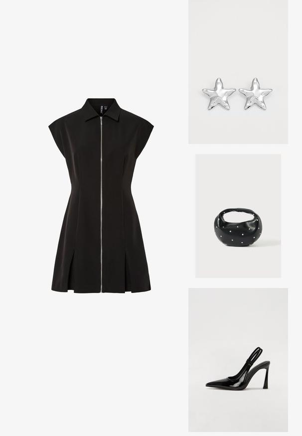 Schwarzes Kleid mit Kragen, kurzen angeschnittenen Ärmeln, Frontreißverschluss, A-Linien-Silhouette und seitlichen Schlitzen. Glattes Material mit matter Oberfläche.; Schwarze Lackleder Slingback-Pumps mit spitzem Zehenbereich, schlankem hohen Absatz und doppeltem elastischen Riemen für einen sicheren Sitz. Glatte, glänzende Oberfläche.; Schwarze Lederhandtasche mit abgerundeter Form, verziert mit silbernen Nietenakzenten und kurzem Griff. Glatte Struktur und Reißverschlussverschluss.; Silberne sternförmige Ohrringe mit einer polierten, glänzenden Oberfläche. Jeder Ohrring hat fünf Spitzen und dezente Oberflächentexturdetails.