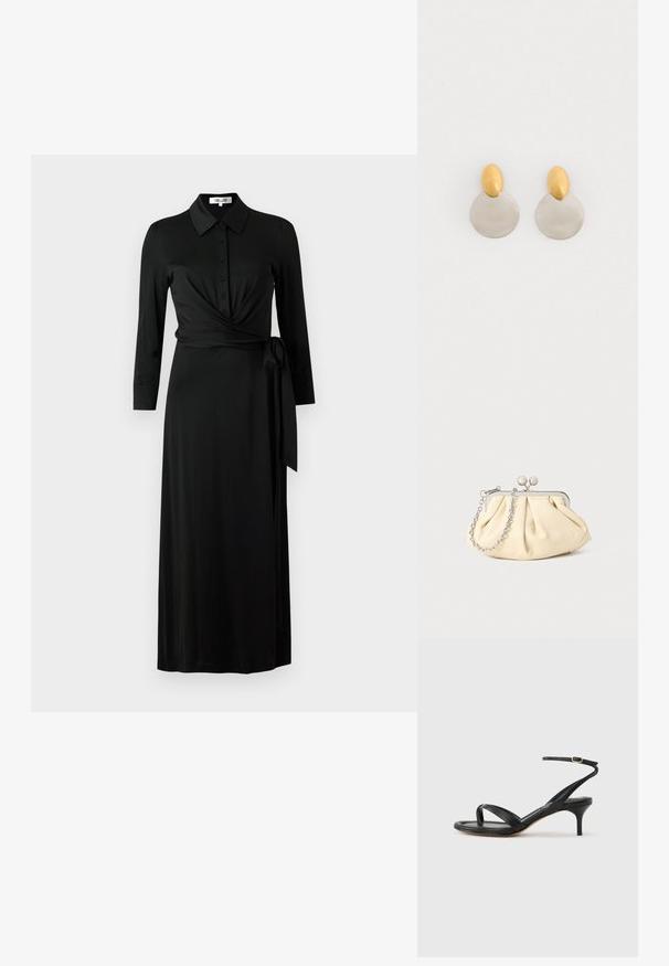 Vestido negro ajustado de tela suave, con cuello, botones en el frente, mangas largas, correa en la cintura y falda larga.; Sandalia negra de cuero para mujer con tiras finas, un lazo para el dedo del pie, hebilla en el tobillo y tacón de aguja de altura media sobre un fondo neutro.; Clutch de cuero beige plisado con un marco de metal plateado, que cuenta con dos broches decorativos redondos y una correa de cadena plateada.; Pendientes de metal dorado y plateado con base de disco redondo y pieza superior ovalada, textura suave y acabado pulido.
