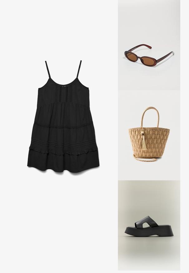 Vestido de verano negro sin mangas con tirantes finos, falda en capas, pliegues decorativos y detalles de encaje en la parte delantera del corpiño y la cintura.; Sandalia negra de plataforma tipo slide con suela gruesa y amplia correa de cuero que presenta un detalle recortado sobre un fondo neutro.; Gafas de sol redondas con tinte marrón y un marco burdeos brillante. Patillas delgadas con un sutil detalle de marca. Diseño de lentes planos.; Bolso tote de paja tejido con asas redondeadas, patrón cuadrado y dos borlas colgantes con cuentas de madera sobre un fondo liso.