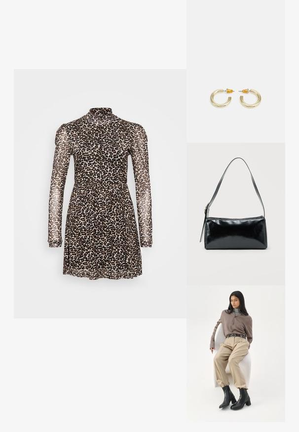 Jurk met panterprint, hoge kraag, lange doorschijnende mouwen, elastische taille en uitlopende rok. Gemaakt van lichte, doorzichtige stof.; Vrouw met lang zwart haar die leunt op een witte gebogen stoel, gekleed in een taupekleurige blouse, beige broek, zwarte riem en zwarte enkellaarzen met hak.; Zwarte rechthoekige schoudertas met een enkele verstelbare band en een bovenste ritssluiting op een effen achtergrond.; Gouden hoepel oorbellen met een zachte, ronde vorm en een gepolijste afwerking. Kenmerkt oranje accenten aan de achterkant voor een veilige bevestiging.