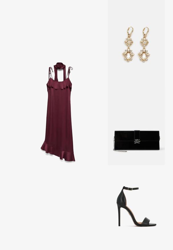 Robe en satin bordeaux avec des bretelles réglables, un décolleté froncé et un ourlet asymétrique avec un accent froncé en bas.; Sandale à talon haut en cuir noir avec une bride étroite à la cheville, un design à bout ouvert et un talon aiguille élégant. Texture lisse avec des accents minimaux.; Pochette rectangulaire noire brillante avec bretelle chaîne argentée et fermoir aux initiales argentées entrelacées sur le rabat avant.; Boucles d'oreilles pendantes dorées présentant un design en grappe avec des cristaux clairs ronds et en forme de goutte, mettant en valeur des détails élaborés.
