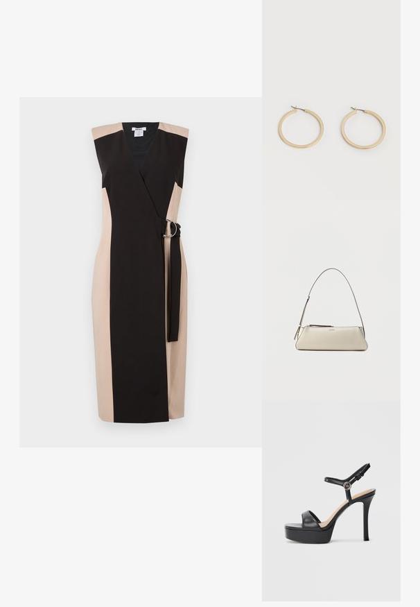 Schwarzes und beiges ärmelloses Wickelkleid mit einem breiten Gürtel und silbernem Ring-Akzent, aus glattem Stoff und mit körperbetontem Schnitt.; Schwarze Plateausandalen mit hohem Stiletto-Absatz, ausgestattet mit einem glatten Lederobermaterial, einem Peeptoe-Design und einem verstellbaren Knöchelriemen mit Metallbeschlägen.; Kleine beige Lederschultertasche mit dünnem Riemen und Reißverschluss, vorne in der Mitte mit einem dezenten metallischen Logo.; Paar mittelgroße, glatte Creolen in Goldton mit Scharnier-Verschlüssen auf einem einfarbigen hellen Hintergrund.