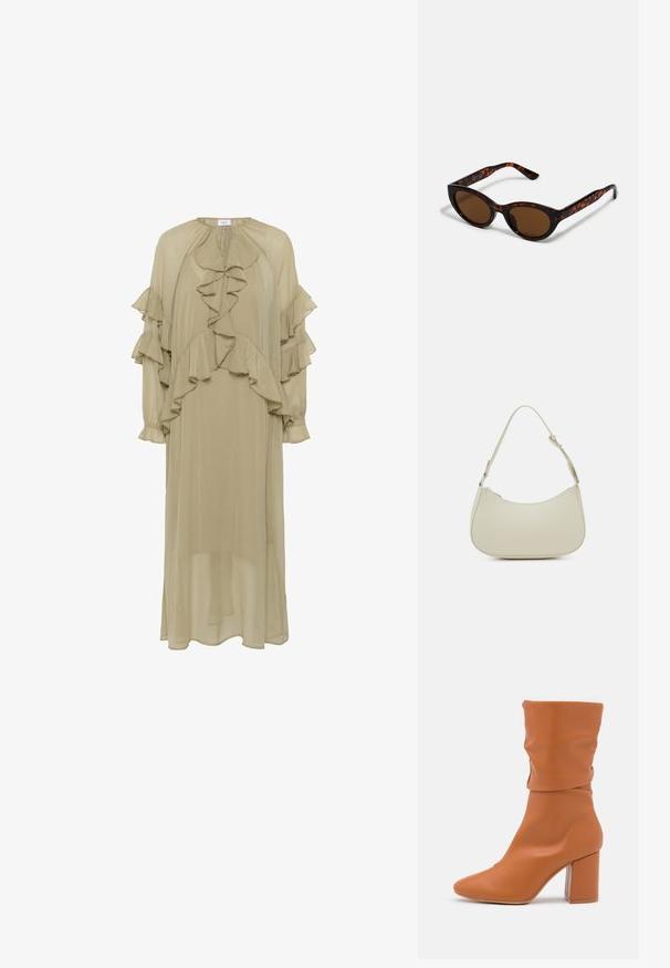 Olijfgroen jurk van lichtgewicht stof, voorzien van gelaagde volants op de mouwen en de voorkant, hoge halslijn en lange silhouet.; Anna Field by Zalando Laarzen - cognac; Bruine schildpad zonnebril met een vintage cat-eye vorm en bruine lenzen. Heeft gebogen armen met rode accenten.; Pieces PCALUANA SHOULDER BAG - Handtas - birch