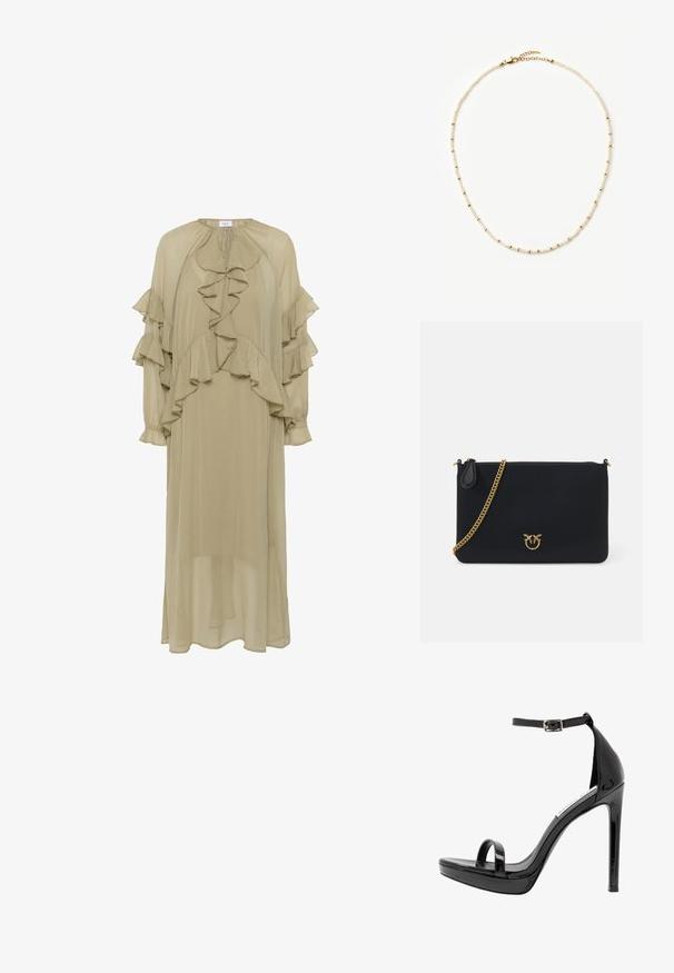 Vestido verde oliva hecho de tela ligera, con volantes en capas en las mangas y el frente, cuello alto y silueta larga.; Steve Madden MILANO - Sandalias de tacón - black; Bolso de mano negro, de textura lisa, con cadena dorada y cierre con cremallera. Presenta un prominente detalle del logotipo dorado en la parte frontal.; Delicado collar con pequeñas perlas blancas intercaladas con diminutas cuentas de oro y un cierre de langosta de oro con cadena ajustable.
