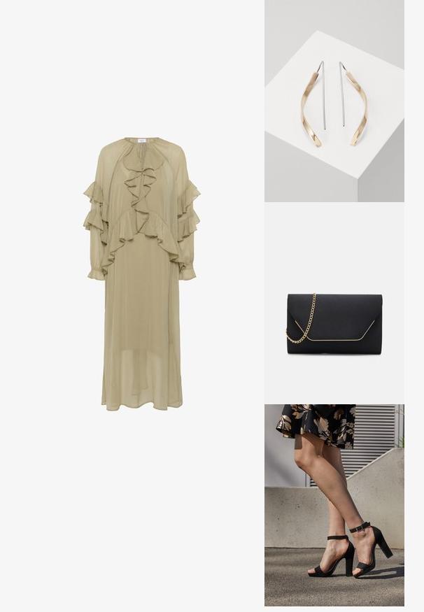 Robe vert olive en tissu léger, avec des volants superposés aux manches et à l'avant, un col montant et une silhouette longue.; Des sandales à talons hauts en suede noir présentent une bride de cheville avec une boucle, un design à bout ouvert et un talon épais. Texture lisse et style minimaliste.; Pochette noire au toucher lisse, dotée d'une chaîne en or et d'une fermeture à rabat géométrique rehaussée de doré.; Boucles d'oreilles droites en or et en argent avec une forme courbe et allongée. Fini brillant avec une texture lisse et un design minimaliste.