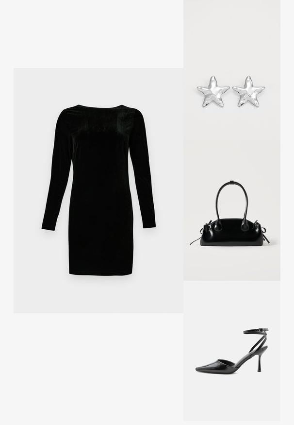 Schwarzes Samtkleid, lange Ärmel, runder Ausschnitt, figurbetontes Design, glatte Textur, knielang, keine sichtbaren Muster oder Verzierungen.; Schwarzer spitzer High Heel mit dünnen Knöchelriemen und silberner Schnalle auf einfachem hellem Hintergrund.; Kleine schwarze glänzende Handtasche mit zwei langen Griffen und seitlichen Kordelzug-Details vor einfachem hellem Hintergrund.; Silberne sternförmige Ohrringe mit einer polierten, glänzenden Oberfläche. Jeder Ohrring hat fünf Spitzen und dezente Oberflächentexturdetails.