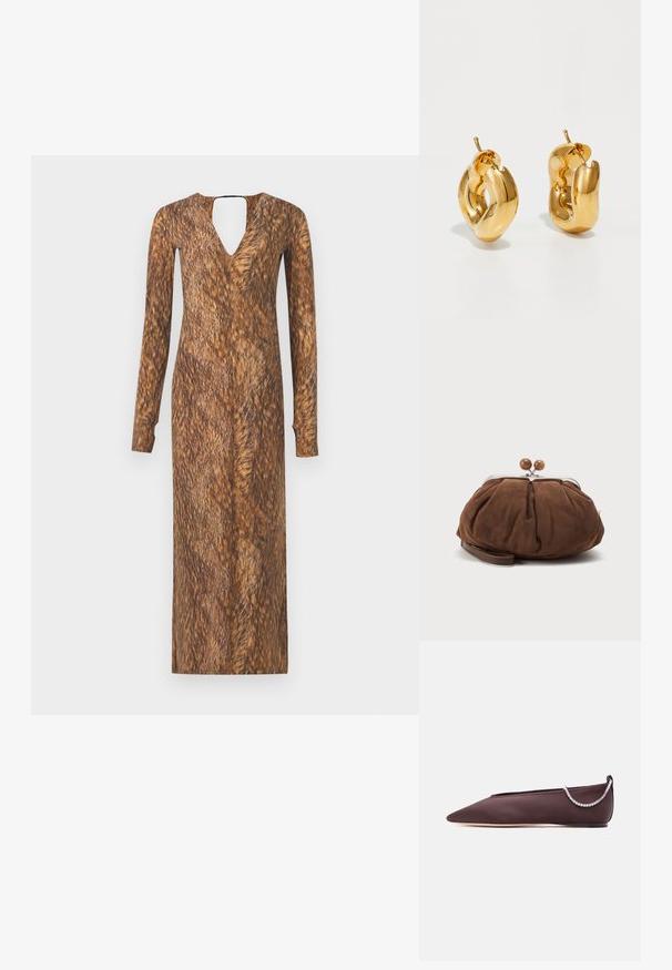 Langärmliges Kleid mit V-Ausschnitt und Ausschnitt auf der Rückseite, das eine fellartige braune Textur und Muster im gesamten Stoff aufweist.; Dunkelbrauner flacher Schuh mit spitz zulaufender Spitze, niedrigem Absatz und einer silbernen Strasssteinkette auf der Rückseite.; Weiche braune Wildleder-Handgelenktasche mit silbernem Metallrahmen und runden braunen Verschlusskugeln auf schlichtem hellem Hintergrund.; Fette goldene Creolen mit einem leicht verdrehten, röhrenförmigen Design und Steckverschlüssen auf einem weißen Hintergrund.