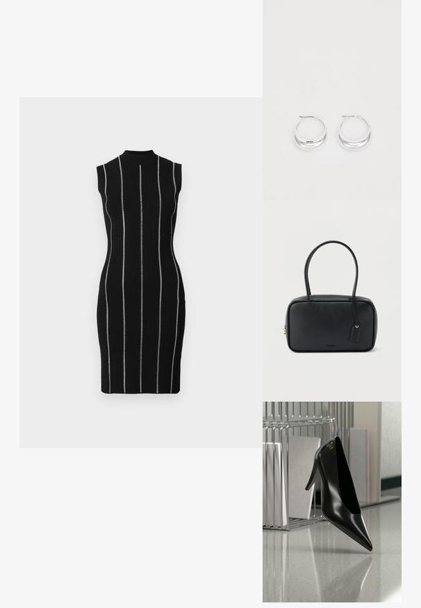 Robe noire côtelée avec des rayures blanches verticales, sans manches, col montant et silhouette ajustée.; Chaussure noire à talon haut avec bout pointu et logo doré, posée sur une surface réfléchissante près d'un organiseur de dossiers en fil chromé contenant des documents.; Sac à main rectangulaire noir avec doubles poignées arrondies, fermeture éclair dorée et logo "HUGO" embossé sur le devant avec une étiquette en cuir attachée.; Boucles d'oreilles en argent avec une finition polie et un branding DKNY, présentées sur un fond blanc uni.