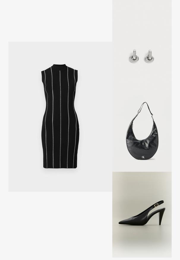 Robe noire côtelée avec des rayures blanches verticales, sans manches, col montant et silhouette ajustée.; Escarpin à bride arrière en cuir noir avec bout pointu, boucle dorée et talon effilé sur un fond neutre.; Sac d'épaule en cuir noir en forme de croissant avec une sangle ajustable et un logo argenté « cK » à l'avant, sur fond blanc.; Paire de petites boucles d'oreilles créoles argentées brillantes avec une base ronde, présentées sur un fond clair uni.