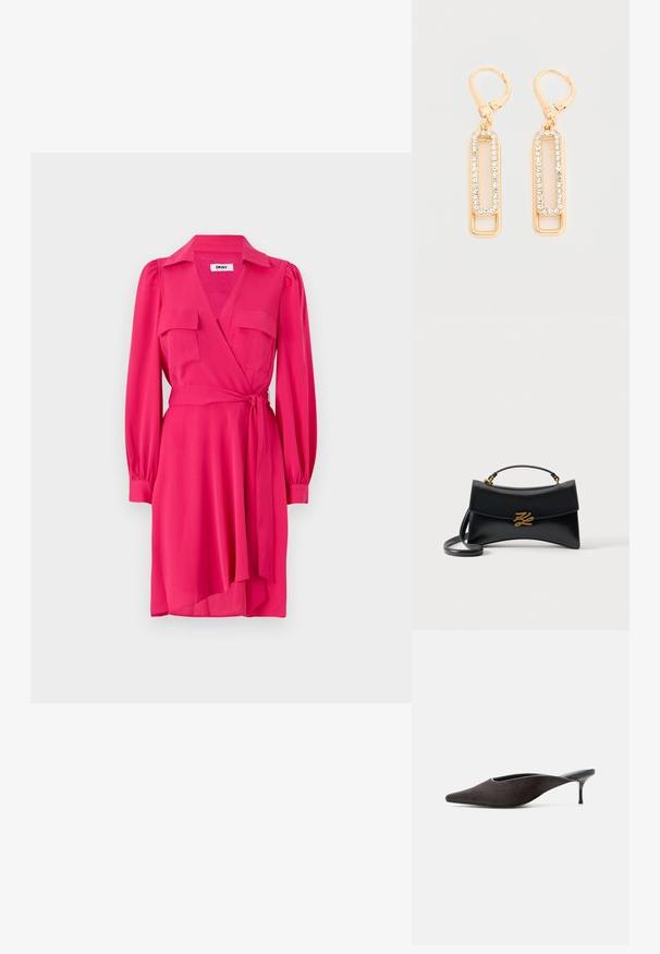 Rosa Wickelkleid mit langen Ärmeln, zwei Brusttaschen und einem Bindegürtel. Hergestellt aus glattem Stoff mit V-Ausschnitt und einem schwingenden Rock.; Schwarzer Mule-Schuh mit spitzer Spitze, niedrigem Stilettoabsatz und glatt-eleganter Oberfläche, seitlich vor weißem Hintergrund gezeigt.; Schwarze Lederhandtasche mit geschwungener Klappe, goldenem "KZ"-Logoverschluss, oberem Henkel und abnehmbarem Schulterriemen auf einfarbigem Hintergrund.; Goldfarbene rechteckige Ohrhänger mit Kristallverzierungen und Bügelverschluss, dargestellt vor einem schlichten weißen Hintergrund.