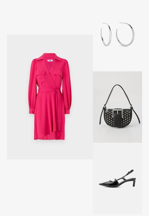 Rosa Wickelkleid mit langen Ärmeln, zwei Brusttaschen und einem Bindegürtel. Hergestellt aus glattem Stoff mit V-Ausschnitt und einem schwingenden Rock.; Schwarzer Slingback-Schuh aus Lackleder mit spitzer Kappe, niedrigem Absatz und zwei verstellbaren Schnallenriemen, seitlich dargestellt.; Schwarze Ledertasche mit einer geschwungenen Form, verziert mit silbernen Nieten und einer auffälligen silbernen Schnalle auf der Vorderseite. Verstellbarer Tragegurt enthalten.; Silberne Creolen mit einer glatten, polierten Oberfläche. Jeder Ohrring hat eine geschwungene Form und ein offenes Design für einfaches Tragen.