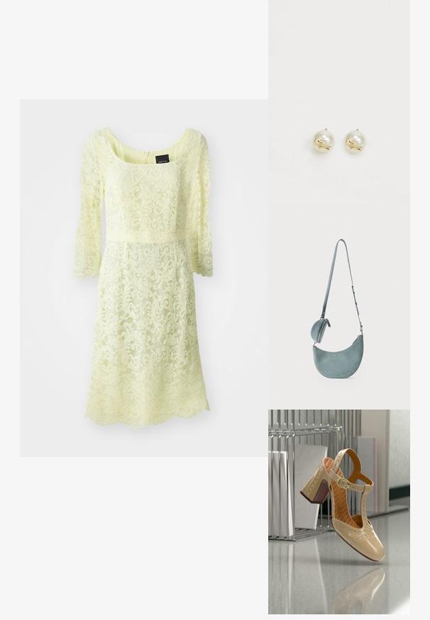 Robe en dentelle de couleur jaune pâle, avec des manches trois-quarts, un décolleté arrondi et une taille cintrée avec un motif floral texturé.; Chaussure à talon haut en cuir beige avec une bride en T, des perforations décoratives et un talon épais avec un accent bordeaux. Finition lisse.; Sac bandoulière en daim bleu clair en forme de croissant avec une sangle ajustable et une petite pochette ronde zippée attachée.; Boucles d'oreilles à clou en perles avec une finition brillante ; ornées d'un petit accent de crocodile en or sur chaque boucle. Forme circulaire, texture lisse.