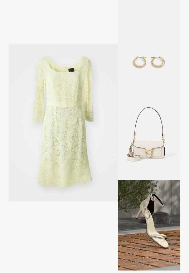 Robe en dentelle de couleur jaune pâle, avec des manches trois-quarts, un décolleté arrondi et une taille cintrée avec un motif floral texturé.; Sandale beige à talons hauts avec bride à la cheville posée sur des lattes en bois en extérieur, avec un arrière-plan flou de verdure et de béton.; Sac en cuir crème avec un design structuré, bords noirs contrastants, quincaillerie dorée et une bandoulière détachable ornée d'un logo signature.; Boucles d'oreilles en or avec une finition lisse et polie, ornées d'une rangée de cristaux transparents circulaires le long du bord. Design circulaire classique.