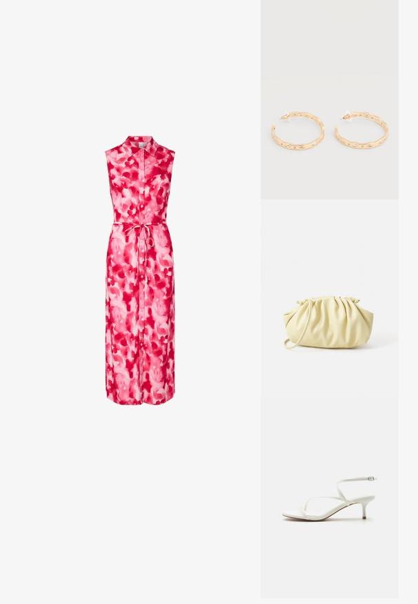 Mouwloze lange jurk met knopen, kraag en tailleceintuur, met een rood en roze aquarel bloemenpatroon.; Witte sandaal voor dames met bandjes, lage kittenhak en enkelgesp op effen witte achtergrond.; Geel geplooide handtas van soepel nepleer, met een zachte vorm, een enkele schouderriem en een verzameld ontwerp aan de bovenkant.; Oorringen in goudkleur met een onregelmatig golfpatroon en ingelegde heldere kristalaccenten, bevestigd met achterkantjes van kunststof.