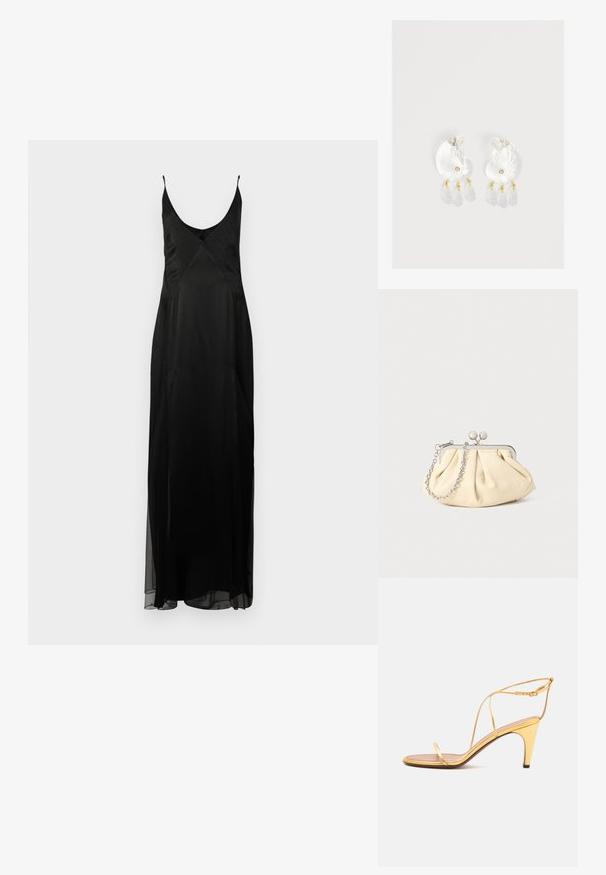 Zwart satijnen slipdress met dunne banden, een diepe V-hals en een volle A-lijn silhouet. Heeft een stippenstructuur en een voorkant split.; Gouden sandaal met hoge hak, dunne bandjes en een smalle enkelsluiting op een lichtgrijze achtergrond.; Geplooide beige leren clutch met een zilveren metalen frame, voorzien van twee ronde decoratieve sluitingen en een zilveren kettingriem.; Duidelijke hars oorbellen in schelpvorm met kleine gouden accenten en drie hangende doorschijnende druppelvormige bedels aan elk oorbel.