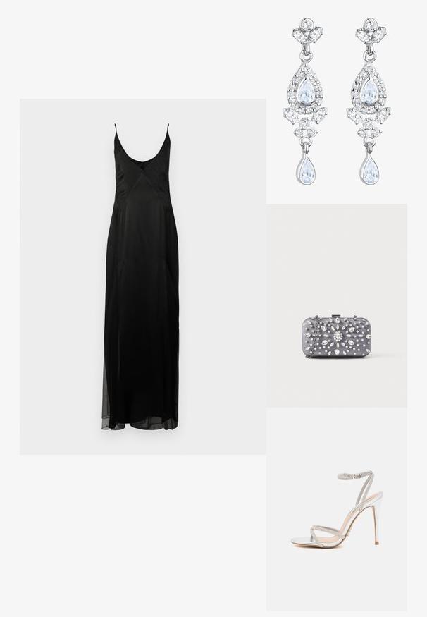Robe nuisette en satin noir avec des fines bretelles, un décolleté en V profond et une silhouette A-line full-length. Présente une texture à pois et une fente à l'avant.; Sandale à talons hauts en argent avec des fines lanières, ornée de strass, présentant un design épuré et un bout pointu.; Petit sac pochette rectangulaire gris foncé orné de strass clairs disposés en motif rayonnant, avec une bandoulière chaîne argentée.; Elli ANTIQUE DROP - Boucles d'oreilles - weiß