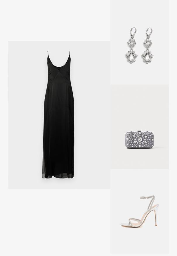 Schwarzes Satin-Nachtkleid mit dünnen Trägern, tiefem V-Ausschnitt und einer bodenlangen A-Linien-Silhouette. Besitzt ein gepunktetes Texturmuster und einen vorderen Schlitz.; Silberne High-Heels-Sandalen mit dünnen Riemen, verziert mit Strasssteinen, mit einem eleganten Design und einer spitzen Zehenpartie.; Kleine rechteckige dunkelgraue Clutch, verziert mit klaren Strasssteinen in einem strahlenförmigen Muster und einem silbernen Kettenriemen.; Silberfarbene Ohrringe mit mehreren klaren Kristallgemmen in Tropfen- und Marquiseformen, mit Klappverschluss und kunstvollen Details.