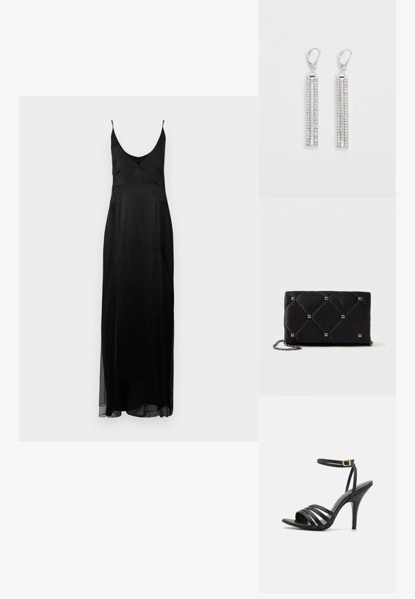 Robe nuisette en satin noir avec des fines bretelles, un décolleté en V profond et une silhouette A-line full-length. Présente une texture à pois et une fente à l'avant.; Sandales à talons hauts noires avec des lanières, une fine sangle à la cheville, un bout ouvert et une finition lisse. Présente un talon élancé et un design de lanières texturées.; Clutch en satin matelassé noir avec des clous en pyramide argentés, chaîne, forme rectangulaire et texture lisse. Dimensions de 10 cm x 18 cm x 4 cm.; Boucles d'oreilles en argent avec deux barres allongées, chacune sertie de petites pierres en strass transparentes dans un motif linéaire. Fermeture à crochet.