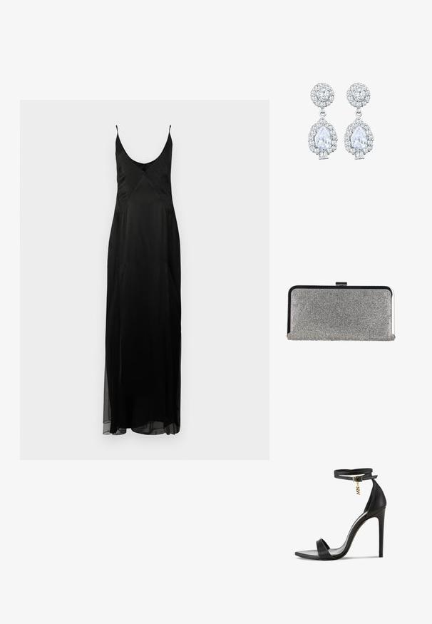 Schwarzes Satin-Nachtkleid mit dünnen Trägern, tiefem V-Ausschnitt und einer bodenlangen A-Linien-Silhouette. Besitzt ein gepunktetes Texturmuster und einen vorderen Schlitz.; Schwarze High-Heel-Sandale mit glattem Lederfinish, offener Zehenpartie, Knöchelriemen mit goldener Schnalle und einem dekorativen Charme.; Rechteckige silberne Clutch-Tasche, bedeckt mit kleinen Strasssteinen, mit einem schwarzen und silbernen Metallrahmen und einem Verschluss.; Ohrringe in Silberfarbe mit einem runden Stecker im Pavé-Stil und einem tropfenförmigen Anhänger, der von kleineren Steinen umgeben ist, was einen funkelnden Effekt betont.