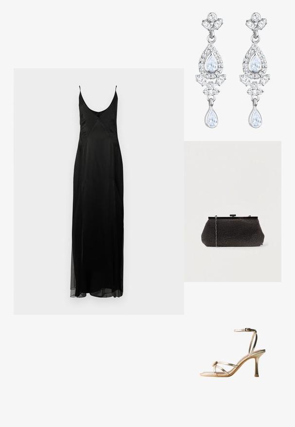 Zwart satijnen slipdress met dunne banden, een diepe V-hals en een volle A-lijn silhouet. Heeft een stippenstructuur en een voorkant split.; Gouden metallic sandaal met hoge hak, dunne gekruiste bandjes, enkelgesp en een klein rond decoratief detail dichtbij de tenen.; Zwarte mesh clutchbag met een gestructureerde silhouette, versierd met kleine metalen studs, heeft een sluiting met een klapmechanisme en een afneembare kettingriem.; Elli ANTIQUE DROP - Oorbellen - weiß