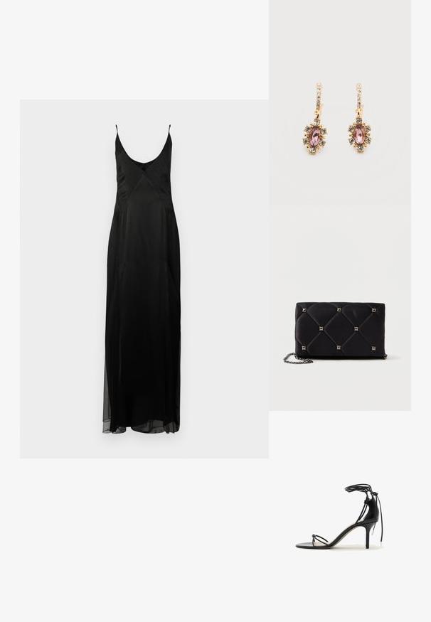 Zwart satijnen slipdress met dunne banden, een diepe V-hals en een volle A-lijn silhouet. Heeft een stippenstructuur en een voorkant split.; Zwarte sandalen met hoge hak en dunne bandjes, enkelwikkel en een hak van gemiddelde hoogte op een witte achtergrond.; Zwarte gewatteerde satijnen clutch met zilveren piramide studs, kettingriem, rechthoekige vorm en een gladde textuur. Afmetingen van 10 cm x 18 cm x 4 cm.; Gouden druppelvormige oorbellen met langwerpige roze middelfragmenten omgeven door kleine heldere kristallen, plus heldere kristallen langs de haken.