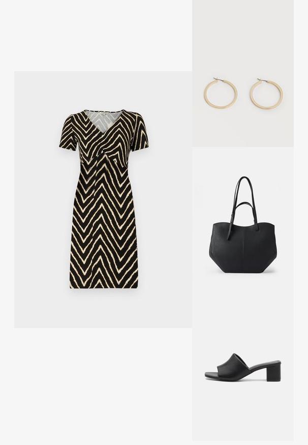 Vestido de manga corta en negro con un patrón de zigzag en crema, con escote en V y detalle fruncido en el busto, hecho de un tejido suave.; Mulas de tacón cuadrado de cuero negro con punta abierta, que presentan una superficie lisa y una parte superior ligeramente curvada para mayor comodidad y estilo.; Bolsa tote negra de cuero liso y texturizado, con parte superior redondeada y dobles asas largas. Presenta una base angular para estabilidad y un diseño estructurado.; Par de pendientes de aro de tamaño mediano con tono dorado y cierre de bisagra sobre un fondo claro y liso.