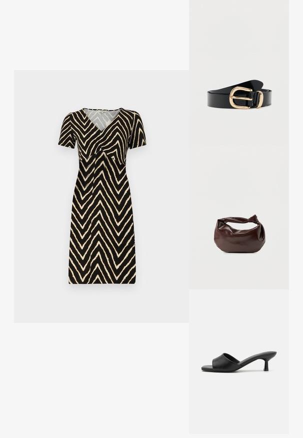 Vestido de manga corta en negro con un patrón de zigzag en crema, con escote en V y detalle fruncido en el busto, hecho de un tejido suave.; Sandalias de deslizamiento negras con parte superior de cuero suave, punta abierta y un tacón bajo y brillante. Diseño minimalista con una forma curvada y un acabado elegante.; Bolso de hombro de cuero marrón oscuro con una forma suave y caída, y un asa con nudo torcido sobre un fondo blanco liso.; Cinturón de cuero negro brillante con una hebilla dorada redondeada y rectangular, enrollado sobre un fondo blanco.