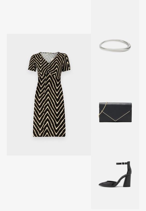 Robe à manches courtes noire avec un motif zigzag crème, dotée d'un col en V et d'un détail froncé au niveau de la poitrine, fabriquée en tissu doux.; ONLY SHOES ONLPAVI - Escarpins - black; Pochette en simili cuir noir avec une chaîne dorée. Présente un design d'enveloppe structuré avec un accent doré en diagonale le long de la fermeture.; Bracelet en métal argenté avec un design lisse et arrondi. Présente un profil mince et une gravure subtile de la marque "Calvin Klein" à l'intérieur.