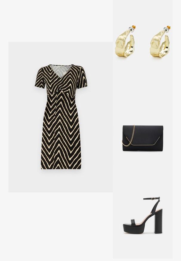 Vestido de manga corta en negro con un patrón de zigzag en crema, con escote en V y detalle fruncido en el busto, hecho de un tejido suave.; Sandalia de plataforma negra de tacón alto con una amplia tira en la parte delantera, tira en el tobillo y un tacón ancho. Textura de cuero suave, diseño minimalista.; Bolso de mano negro con una textura suave, que presenta una cadena dorada y un cierre de solapa geométrica delineado en dorado.; Pendientes en tono dorado con forma de manos abstractas, que presentan una superficie brillante, detalles intrincados y un poste de plata y oro para un ajuste seguro.