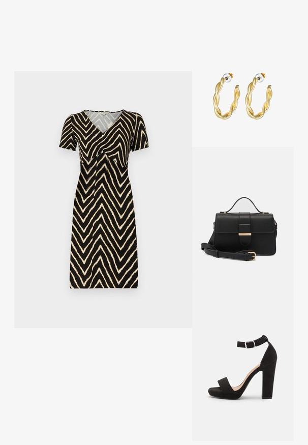 Kurzärmliges Kleid in Schwarz mit einem cremefarbenen Zickzackmuster, das über einen V-Ausschnitt und Raffung am Bust kombiniert ist, aus weichem Stoff gefertigt.; Anna Field by Zalando Riemensandalette - black; Schwarze Lederhandtasche mit goldenen Metallakzenten, rechteckige Form, Klappenverschluss, verstellbarer Schultergurt, glatte Textur, minimalistisches Design.; Goldene, gedrehte Creolen mit glatter Oberfläche, ausgestattet mit transparentem Rücken und goldfarbenen Beschlägen.