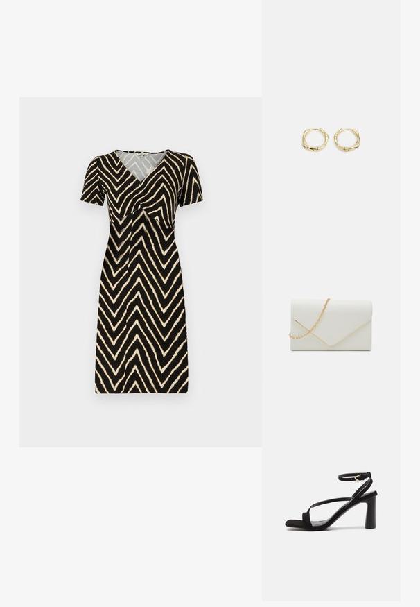 Vestido de manga corta en negro con un patrón de zigzag en crema, con escote en V y detalle fruncido en el busto, hecho de un tejido suave.; Sandalia de tacón negro con acabado de ante, que presenta una punta cuadrada, tiras delgadas y un hebilla en el tobillo. El tacón es cilíndrico y sólido.; Call it Spring QWEENBEE - Bandolera - white; Pendientes de aro de oro con forma irregular y texturizada. Presentan un cierre sin costuras y un acabado pulido, destacando un diseño moderno.
