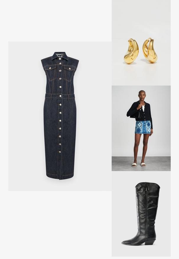 Robe midi en denim foncé sans manches avec fermeture à boutons sur le devant, deux poches à rabat sur la poitrine, un col et des surpiqûres contrastantes orange.; Bottes en cuir noires arrivant aux genoux avec un bout pointu et un talon carré. Elles présentent une texture lisse et un détail de couture subtil à l'avant.; Un cardigan en maille noir, un haut blanc, une jupe en denim avec un motif de diamants bleus et noirs, un sac à main noir et des sandales à enfiler beiges.; Boucles d'oreilles en or en forme de d'anneaux lisses et courbés avec une finition polie. Équipées d'un mécanisme de fermeture et de légères indentations pour le détail.