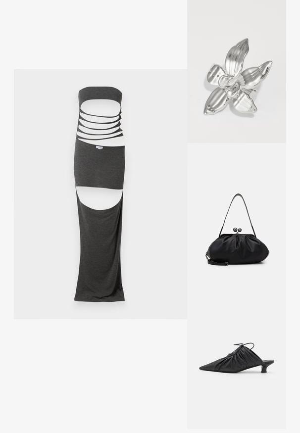 Maxi-jurk met uitsnijdingen in donkergrijze stof, met een strapless ontwerp, meerdere horizontale uitsnijdingen en zijsplitten. Soepele textuur.; Zwarte leren instappers met een spitse neus, gegatherde textuur en een kleine kittenhiel. Heeft een trekkoorddetail aan de opening.; Weekend Max Mara CUBICO - Clutch - schwarz; Zilveren orchidee broche met vier getextureerde bloemblaadjes, een centrale ronde detail, een gladde oppervlakte, glanzende afwerking en subtiele groeven op de bloemblaadjes.