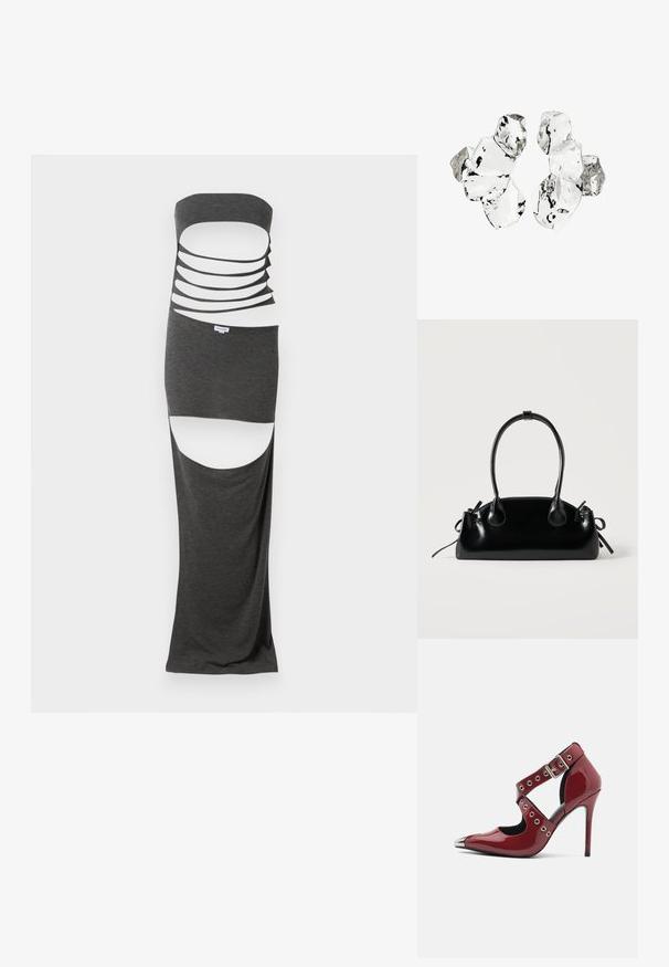Robe maxi découpée en tissu gris foncé, dotée d'un design sans bretelles avec plusieurs découpes horizontales et fentes sur les côtés. Texture lisse.; Escarpin en cuir verni rouge avec un design découpé, des œillets circulaires en argent et un bout pointu, présentant un accent métallique au niveau du bout.; Petit sac à main noir brillant avec deux longues anses et des détails à cordon sur les côtés sur un fond clair uni.; Grappe de six morceaux translucides et réfléchissants de forme irrégulière, ressemblant à du verre, disposés sur un fond blanc.