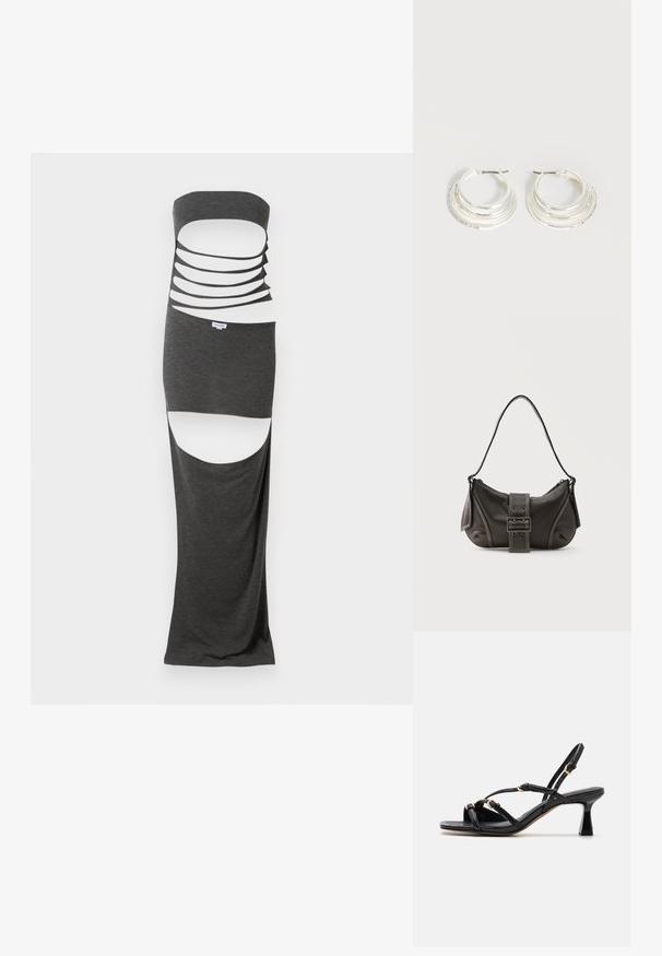Maxikleid aus dunkelgrauem Stoff mit trägerlosem Design, mehreren horizontalen Ausschnitten und seitlichen Schlitzen. Glatte Textur.; Call it Spring DIANAH - Riemensandalette - black; Schwarze Leder-Schultertasche mit Schnallengurt-Detail, abgerundeten Kanten und kontrastierenden weißen Nähten auf schlichtem Hintergrund.; Silberne Creolen mit drei geschichteten halbkreisförmigen Bändern, eines davon verziert mit kleinen klaren Kristallen auf hellem Hintergrund.