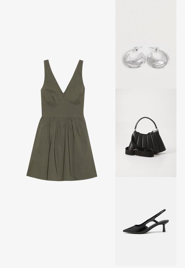 Vestido sin mangas de color verde oliva con escote en V, corsé ajustado y cintura fruncida, que presenta una falda acampanada y una textura de tela suave.; Tacones de slingback negros con punta afilada, hechos de material brillante, que presentan acentos recortados y un tacón moderado para mayor soporte.; Bolso de mano negro con pliegues, manejo redondeado, correa ajustable y textura brillante. Presenta herrajes plateados y una silueta estructurada.; Un par de pendientes de aro en forma de media luna pulidos en plata, con respaldos de plástico transparente, sobre una superficie blanca.