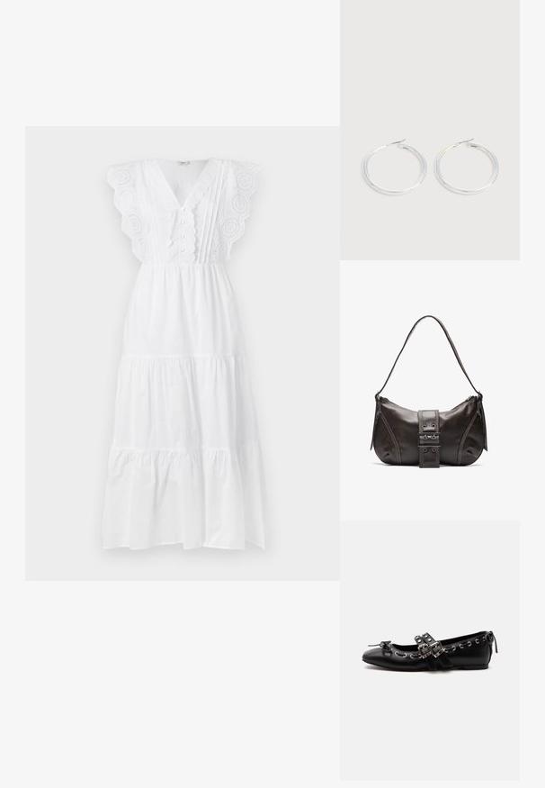 Robe maxi en coton blanc avec des manches en dentelle à bords festonnés, un décolleté en V, des détails en boutons et un design de jupe à plusieurs niveaux. Texture lisse sur l'ensemble.; Chaussure de ballet plate noire avec doubles brides à boucle, œillets argentés et petit nœud près de l’orteil arrondi sur fond blanc.; Sac à épaule en cuir marron avec une forme courbée, présentant un détail de boucle proéminent, des coutures contrastantes et une seule bandoulière.; Paire de boucles d'oreilles créoles argentées brillantes avec fermoirs en fil fin, présentée sur un fond gris clair.
