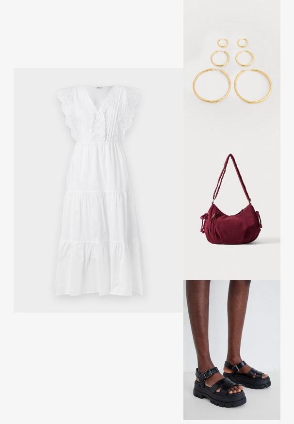 Robe maxi en coton blanc avec des manches en dentelle à bords festonnés, un décolleté en V, des détails en boutons et un design de jupe à plusieurs niveaux. Texture lisse sur l'ensemble.; Sandales plates noires avec une semelle épaisse, présentant des larges sangles et des boucles à la cheville, en cuir lisse, affichant une finition texturée.; Sac d'épaule en velours côtelé bordeaux doux avec une sangle réglable, fermeture éclair, liens latéraux et une poche avant zippée.; Boucles d'oreilles en or de différentes tailles, présentant une texture lisse et polie ainsi qu'une forme arrondie, avec un design de fermoir sécurisé.