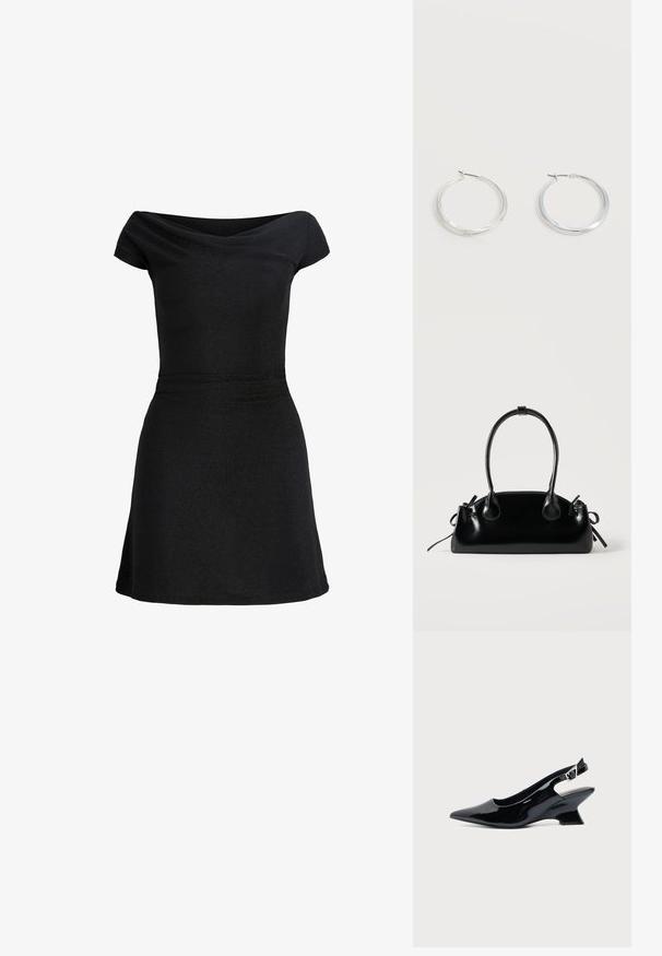 Schwarzes, kurzärmeliges Kleid mit tailliertem Schnitt und dezentem Bootsausschnitt, knielang mit leicht ausgestellt Rock.; Schwarzer Slingback-Schuh aus Lackleder mit spitzer Spitze und niedrigem, schrägem Blockabsatz auf einfachem hellem Hintergrund.; Kleine schwarze glänzende Handtasche mit zwei langen Griffen und seitlichen Kordelzug-Details vor einfachem hellem Hintergrund.; Silberne Metallcreolen mit glatter, leicht gebogener Oberfläche und Klappverschluss vor schlicht weißem Hintergrund.