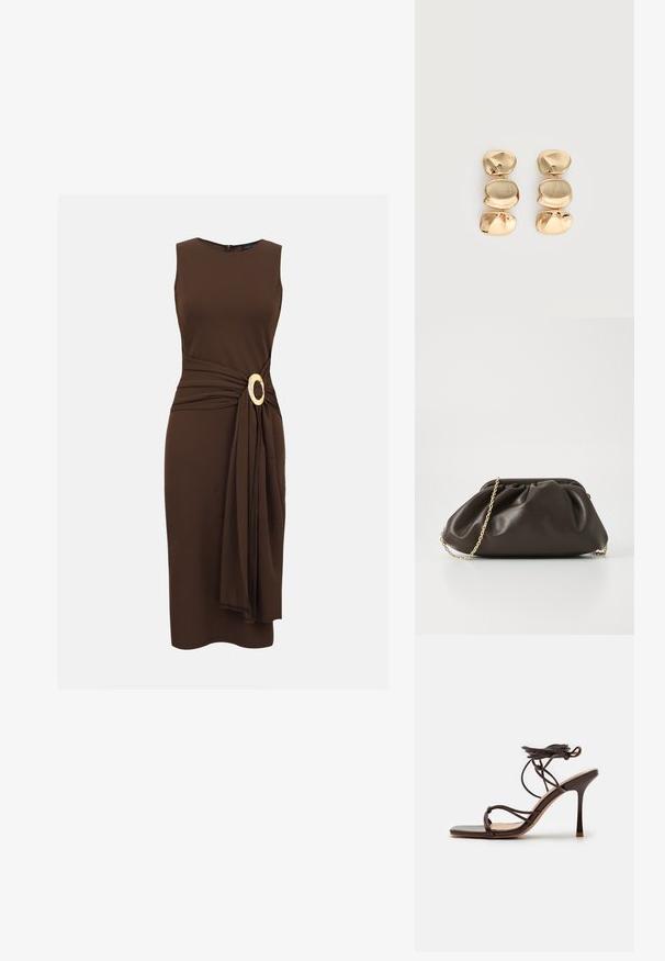 Robe midi marron foncé sans manches avec un tissu drapé rassemblé à la taille, maintenu par une grande boucle ovale en or.; Simmi London MACIA - Sandales à talons hauts - chocolate; Sac à main en cuir marron avec un design froncé, une bandoulière en chaîne dorée et une finition douce et texturée. Sa forme compacte est idéale pour une utilisation en soirée.; Boucles d’oreilles pendantes ton or avec trois segments irréguliers, lisses et arrondis empilés verticalement sur un fond clair uni.