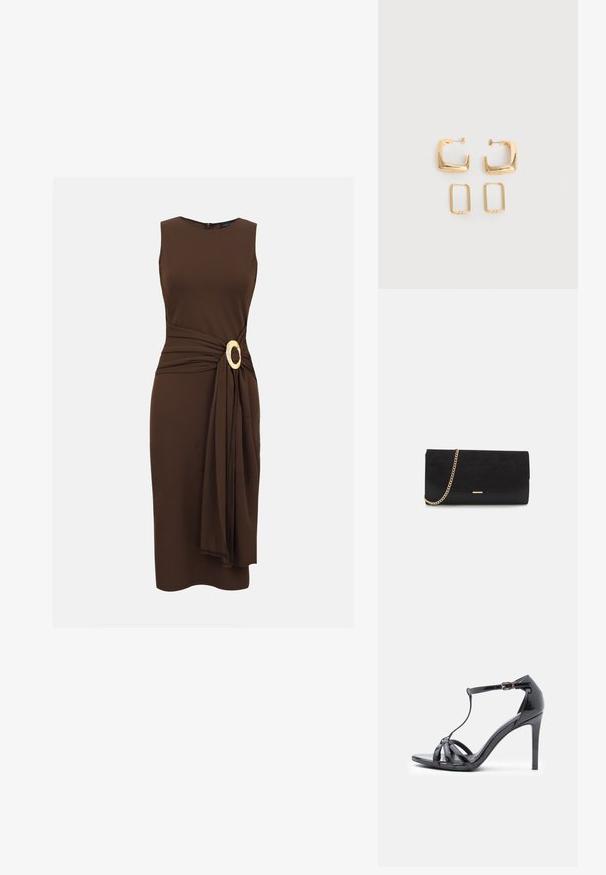 Robe midi marron foncé sans manches avec un tissu drapé rassemblé à la taille, maintenu par une grande boucle ovale en or.; Sandale à talons hauts en cuir verni noir avec des fines lanières, design en T, fermeture à boucle et silhouette élégante et courbée.; Porte-monnaie noir en daim avec une finition texturée, doté d'une chaîne dorée et d'un design épuré et angulaire.; Deux paires de Boucles d'oreilles créoles géométriques dorées sur une surface blanche unie, une paire carrée et pleine, une paire rectangulaire et creuse.