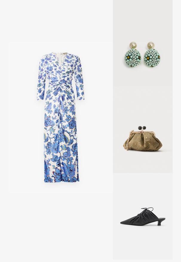Maxi-jurk van witte stof met een blauw bloemenpatroon, lange mouwen, gerimpelde details bij de taille en een rits aan de voorkant.; Zwarte leren instappers met een spitse neus, gegatherde textuur en een kleine kittenhiel. Heeft een trekkoorddetail aan de opening.; Kleine clutch tas met goud-zwart geometrisch patroon, goudkleurig metalen frame, zwarte bolsluiting en een korte gouden kettingband.; Ronde oorstekers met grote pareltoppen en bolvormige druppels bedekt met muntgroene, amberkleurige en heldere strasssteentjes.