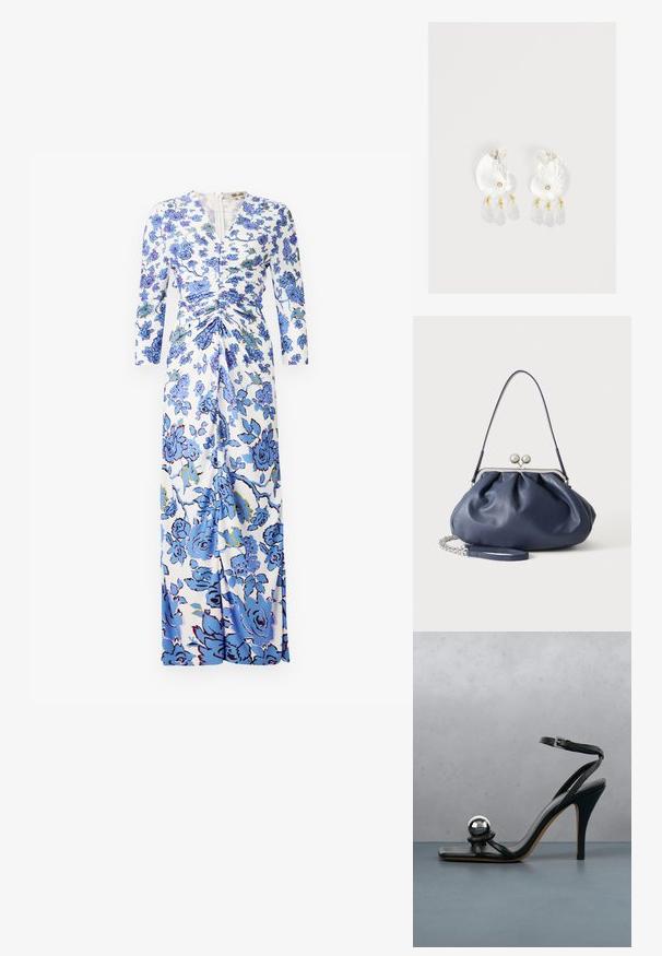 Robe maxi en tissu blanc avec un motif floral bleu, manches longues, détails froncés à la taille et fermeture éclair à l'avant.; Sandale noire à talon haut avec bride à la cheville et boule décorative argentée métallique sur surface carrelée en bois à l'extérieur, avec un arrière-plan flou de verdure et de mur.; Sac à main en cuir bleu marine doux avec fermeture à boucle argentée, une seule bandoulière, et une chaîne de poignet amovible sur fond blanc.; Boucles d'oreilles en résine transparente en forme de coquillage avec de petits accents dorés et trois breloques translucides en forme de goutte pendantes sur chaque boucle d'oreille.