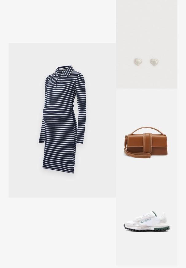 Mørkeblå og hvide stribede graviditetskjole med lange ærmer, krave og ribbet tekstur, designet til komfort og pasform.; Hvid og lysegrå Lacoste-sneaker med grønne accenter, tekstureret sål og logotekst på siden og tungen.; Brun læderrektangulær håndtaske med top håndtag, frontklap, bredt centralt bånd, hvide syninger og aftagelig skulderrem på hvid baggrund.; Sølvhjerteformede øreringe med en glat, blank finish, der fremviser et enkelt, symmetrisk design. Velegnet til daglig brug.