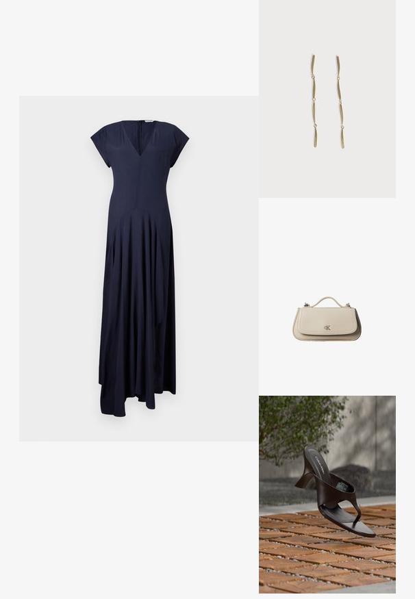 Marineblauwe, lange jurk met een V-hals en korte mouwen. Heeft geplooide details en een verborgen rits aan de achterkant. Zachte stof.; Bruine Calvin Klein teenslipper met hak, hangend boven houten tegels en grind op een buitenvloer met een vage achtergrond van groen en stenen.; Kleine beige leren handtas met bovenhandvat en zilveren CK-logo op de voorflap, getoond tegen een witte achtergrond.; Lange gouden oorbellen bestaande uit vier verlengde gekoppelde gebogen staven op een witte achtergrond.