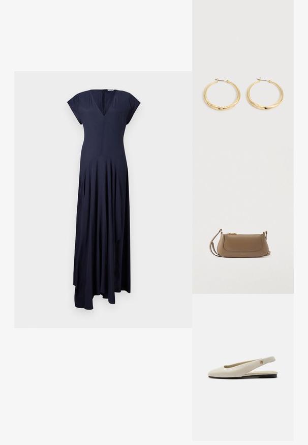 Marineblauwe, lange jurk met een V-hals en korte mouwen. Heeft geplooide details en een verborgen rits aan de achterkant. Zachte stof.; Crèmekleurige leren slingback platte schoen met ronde neus en klein gouden embleem op het bandje.; Taupe leren schoudertas met een gouden rits en hardware, ronde hoeken en een verstelbare schouderriem, op een plain lichte achtergrond.; Een paar gepolijste gouden oorringen met dunne pennen en scharnierende sluitingen, tentoongesteld op een effen lichtgrijze achtergrond.