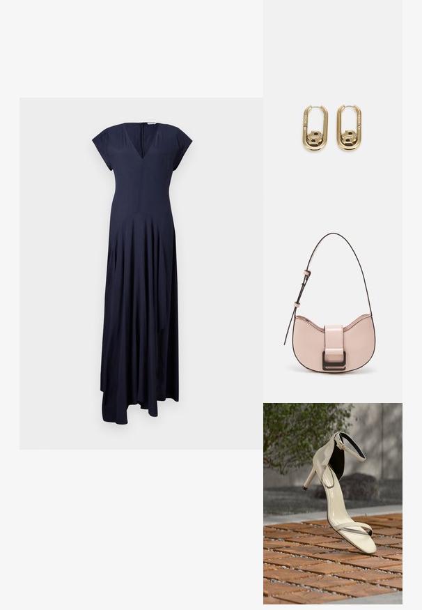 Vestido azul marino, de largo hasta el suelo, con escote en V y mangas cortas. Presenta detalles plisados y una cremallera oculta en la parte posterior. Tejido suave.; Sandalia de tacón alto beige con correa en el tobillo, sobre listones de madera al aire libre, con fondo desenfocado de vegetación y concreto.; Pequeño bolso de piel rosa curvado con un acabado brillante, que presenta una correa de acento negra y un gran cierre de broche negro. Diseño cruzado.; BOSS DOUBLE B SWING - Pendientes - gold-coloured
