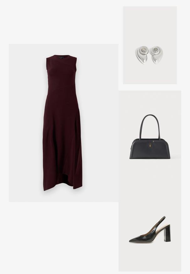 Burgunderfarbenes ärmelloses Kleid mit taillierter Oberseite, gerippter Textur und asymmetrischem Saum. Mit diagonalen Nahtdetails.; Schwarzer Leder-Slingback-Schuh mit spitzer Kappe, hohem Blockabsatz und beigegefüttertem Innenraum vor hellem, einfarbigem Hintergrund.; Schwarze Ledertasche mit strukturiertem Design, ausgestattet mit einem Tragegriff oben und einem kleinen goldfarbenen Akzent vorne.; Paar glänzende silberne metallische Ohrringe mit Spiraldesign und einem runden Stein in der Mitte auf weißem Hintergrund.
